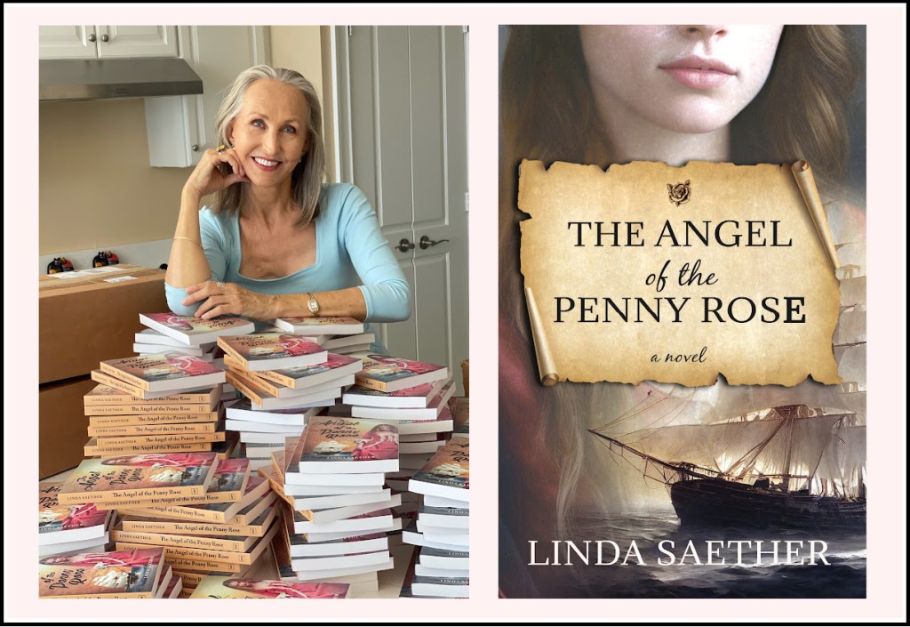 An author leaning on a pile of her books  and the cover of The Angel of the Penny Rose. 